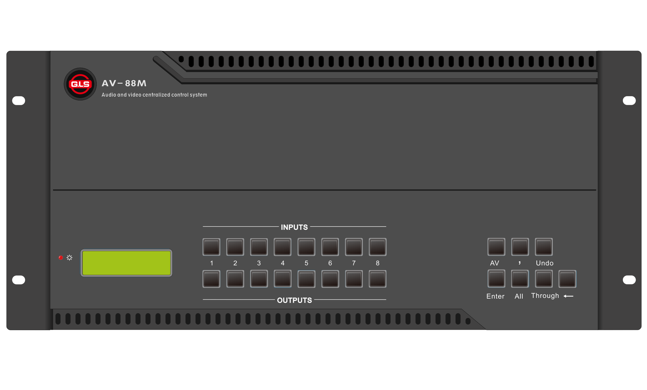 音视频控制一体机，16进8出DSP音频处理,8进8出视频矩阵，支持多种控制方式，如Ethernet、串口控制、软件编程支持10寸有线屏和无线触摸屏、带有10个RS232串口、RS485串口、四进一出的I/O口、2组RELAY接口，支持4个AIS环境控制接口产品图