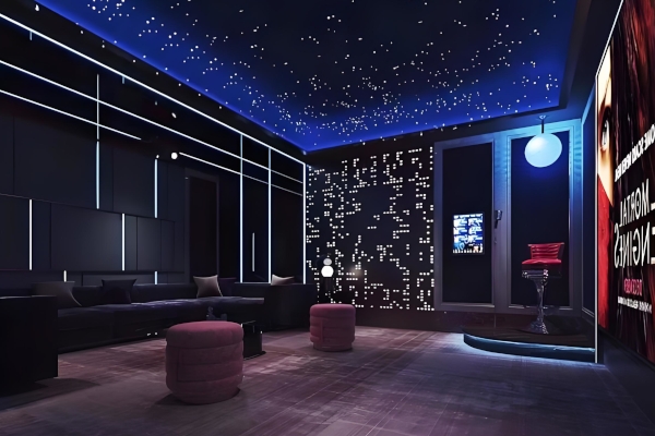 别墅影音室灯光场景：星空顶+可变色LED灯带氛围联动