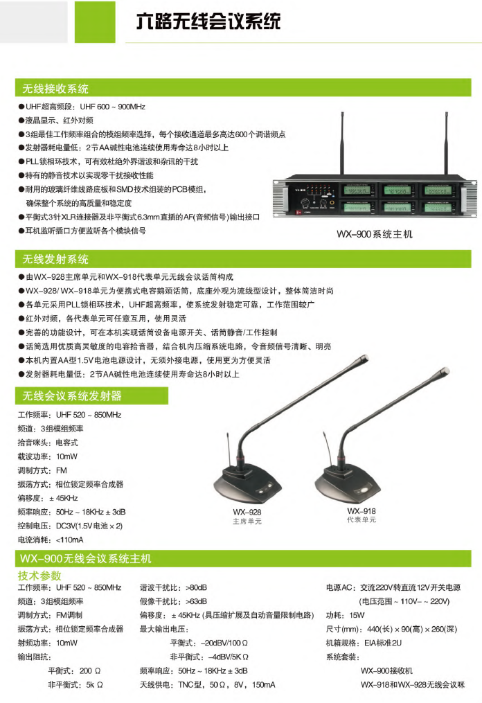 产品名称无线会议主机（一个主机六个话筒接收器）产品详情WX-900产品参数图
