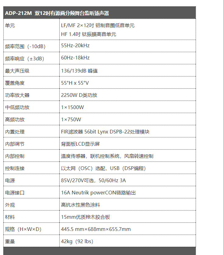 產(chǎn)品名稱LYNX（林科）ADP-212M 專業(yè)音響 有源全頻音箱產(chǎn)品詳情ADP-212M產(chǎn)品參數(shù)圖