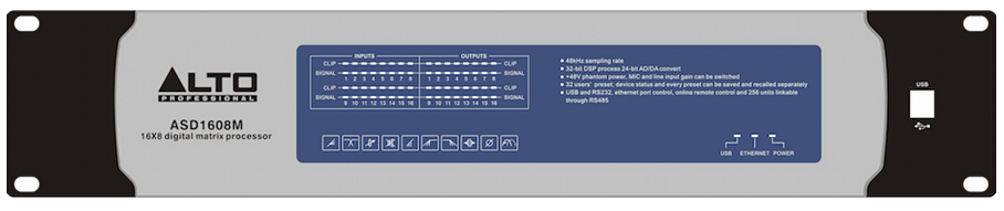 产品名称美国ALTO ASD1608M音频矩阵处理器 适用于会议室 报告厅 礼堂 多功能厅 剧场 剧院 演出等场合产品详情ASD1608M产品参数图